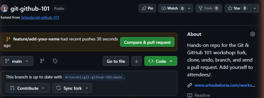 The Compare and pull request banner GitHub shows on a fork in the minutes after a branch is pushed.