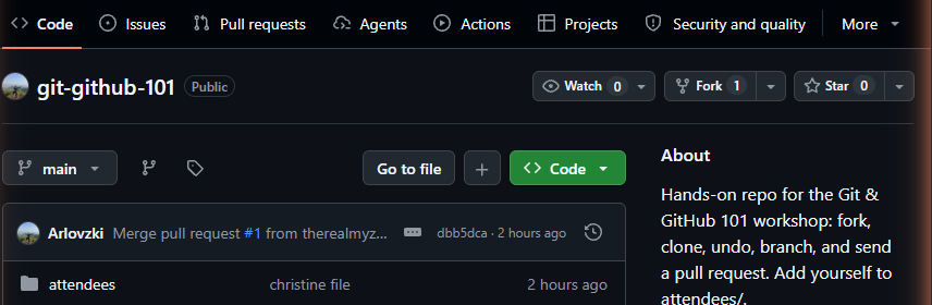 The GitHub repository header for Arlovzki/git-github-101, with the Fork button sitting between Watch and Star.