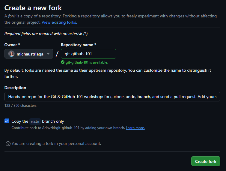 The Create a new fork dialog: owner, repository name, description, and the checkbox for copying the main branch only.