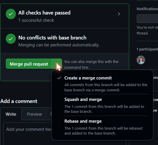 The merge box at the foot of an open pull request: the green Merge pull request button and the dropdown offering squash and rebase.