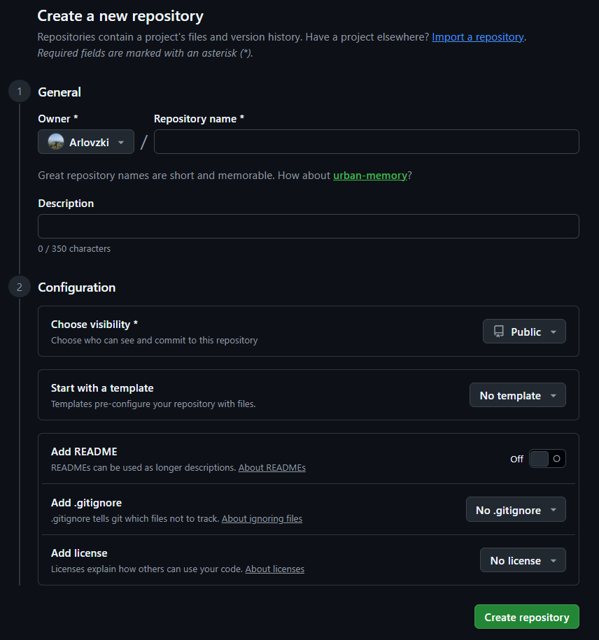 GitHub's Create a new repository form: Owner and Repository name fields, Description, then the Configuration section with visibility set to Public, no template, the Add README toggle off, no .gitignore, no license, and the green Create repository button.