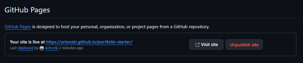 The GitHub Pages settings screen after deployment, showing the live site URL with a Visit site button.