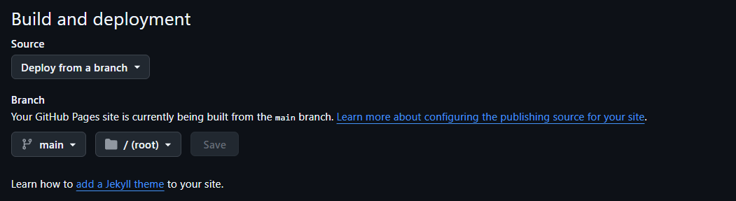 The GitHub Pages settings screen with Source set to Deploy from a branch, the main branch selected, and the root folder selected.