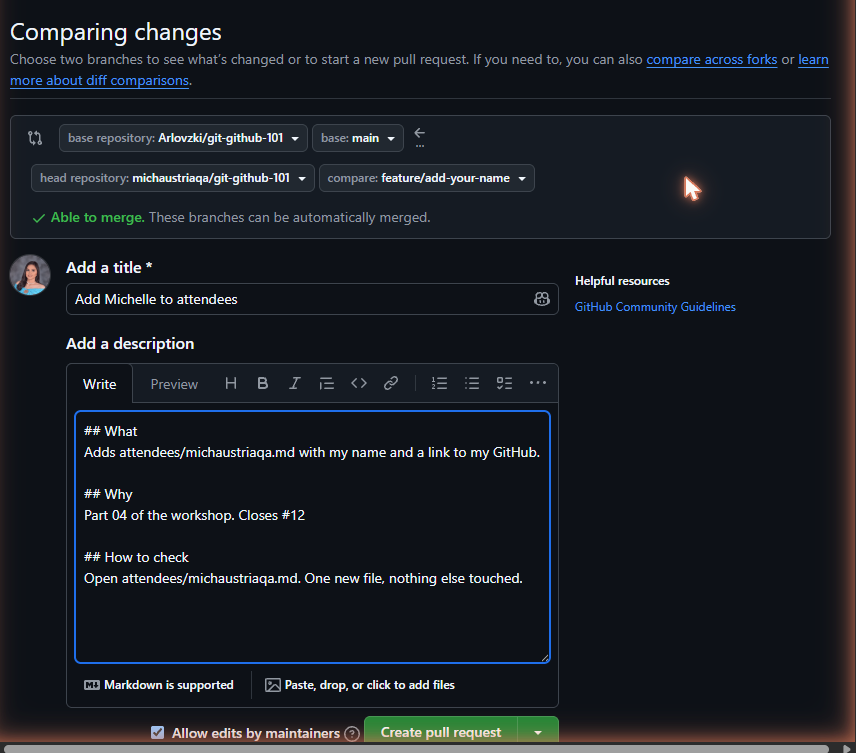 The Open a pull request form: base and head branch selectors, the title field, the description box, and the Create pull request button with its draft option.