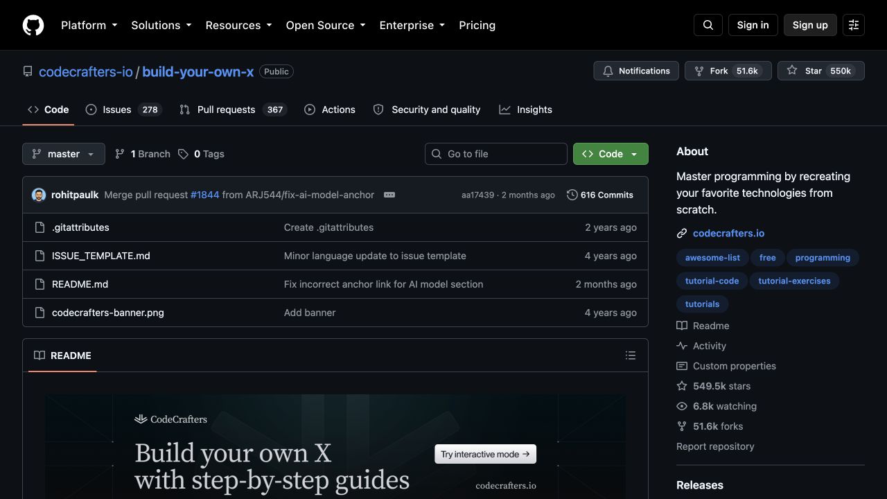 The Build Your Own X GitHub repository showing its star count, short file list, and the Markdown file that carries the main guide.
