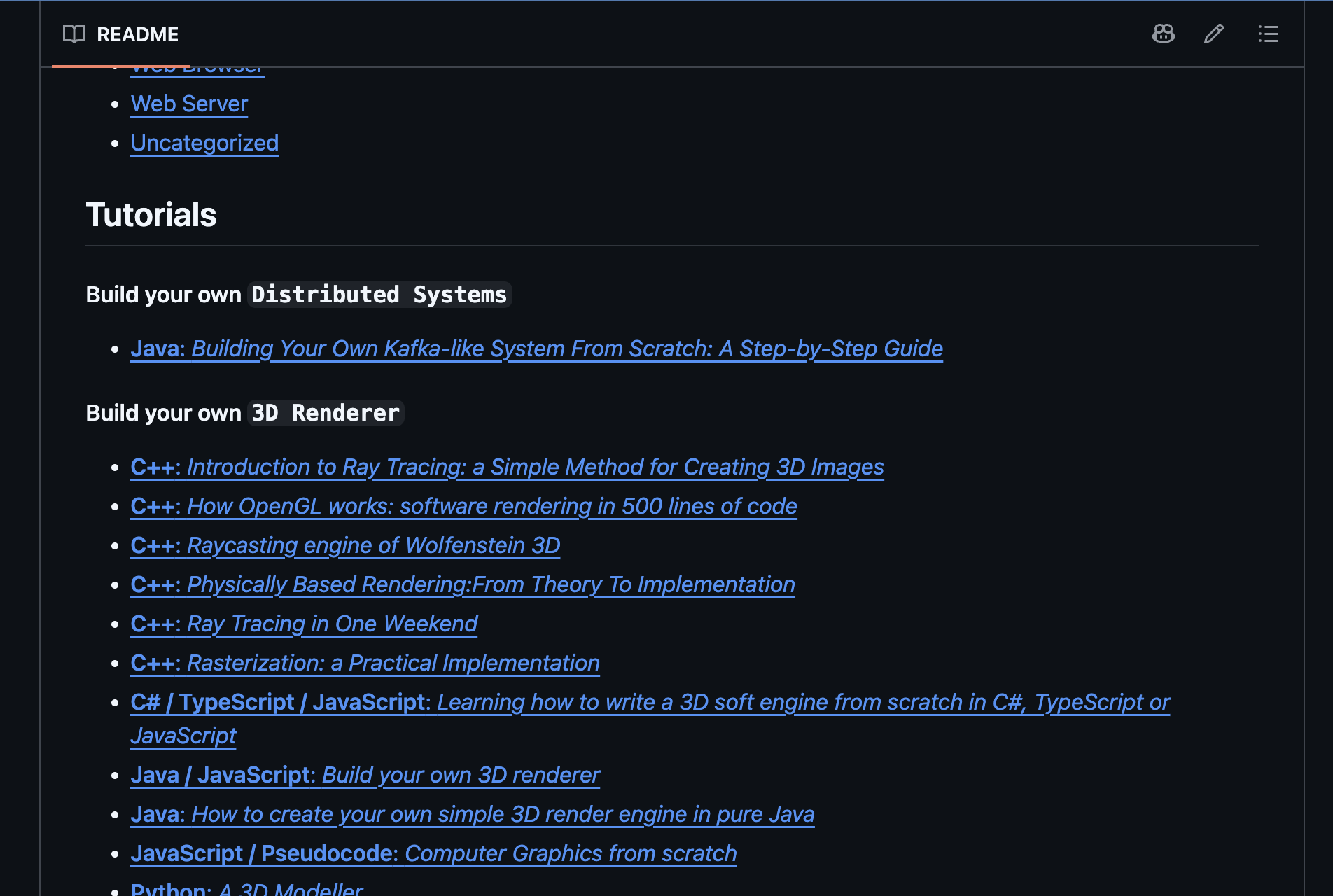 Real Build Your Own X README showing tutorials for Distributed Systems and 3D Renderer, with links to practical guides.