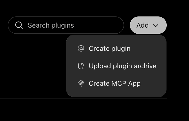 ChatGPT Plugins Add menu showing Create MCP App