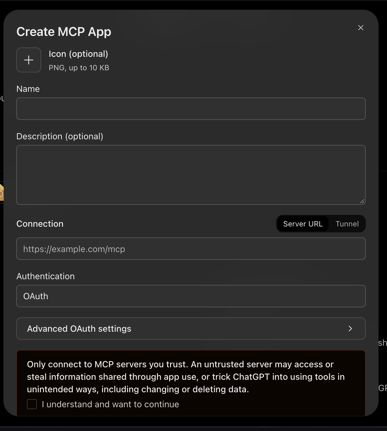 Blank Create MCP App form showing Name, Server URL, OAuth, and the trust warning