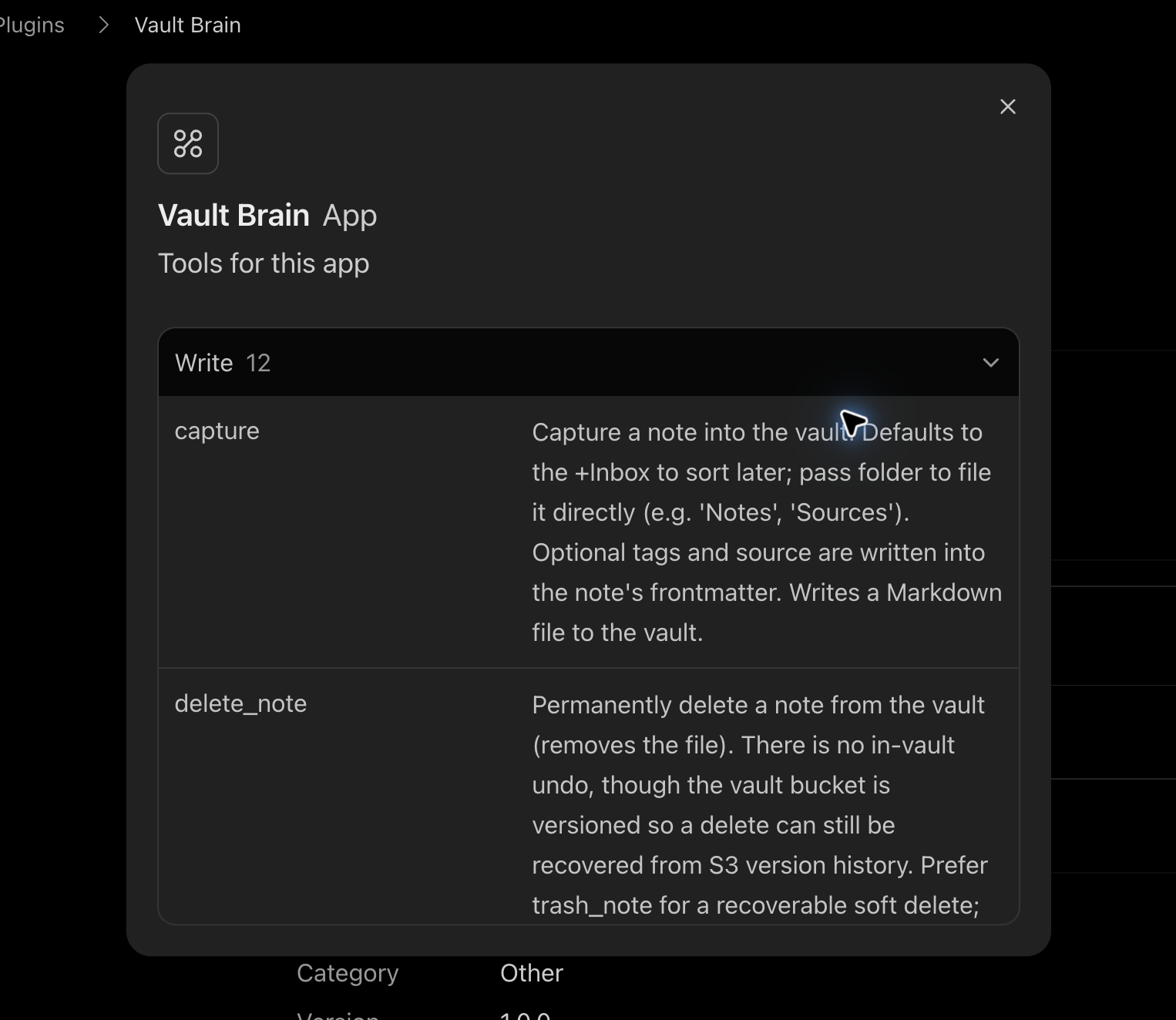 ChatGPT Vault Brain app showing 12 discovered tools and their descriptions