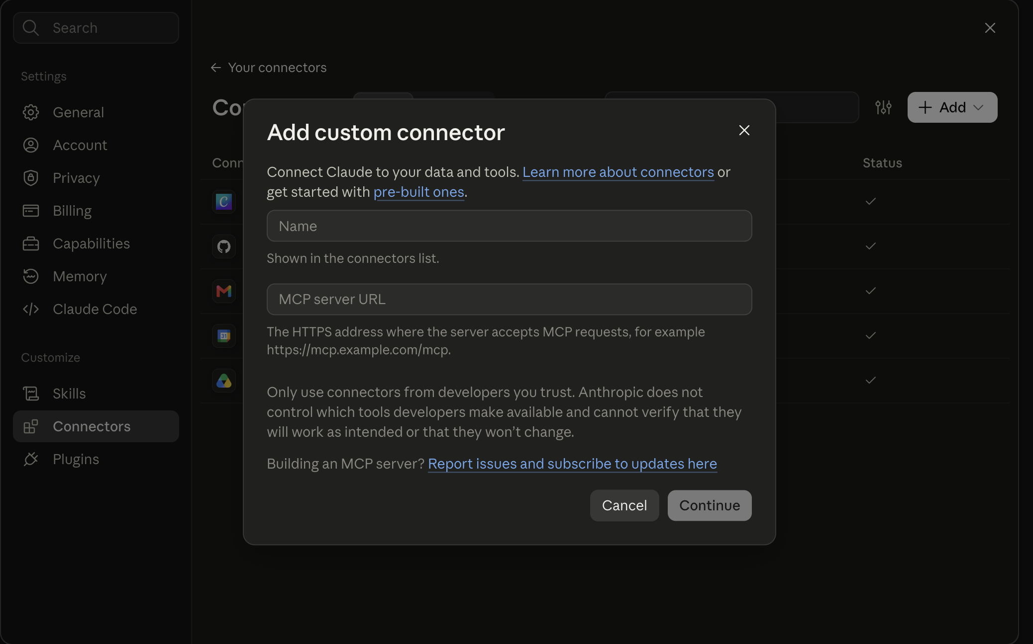 Claude's Add custom connector form with blank Name and MCP server URL fields