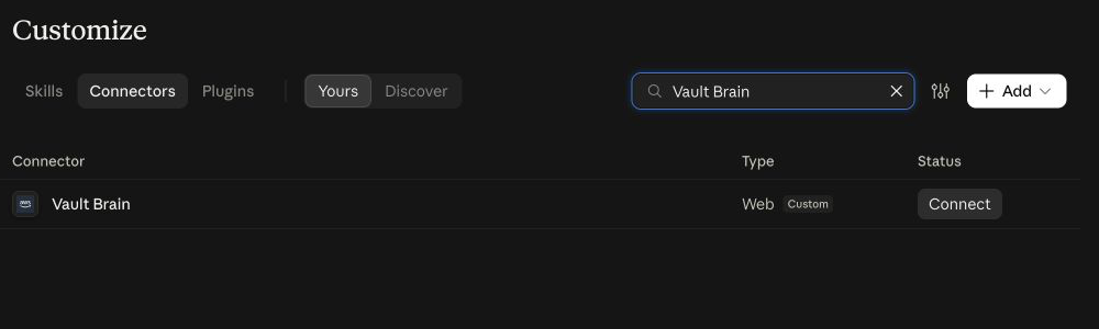Claude web Customize Connectors page filtered to the registered Vault Brain connector