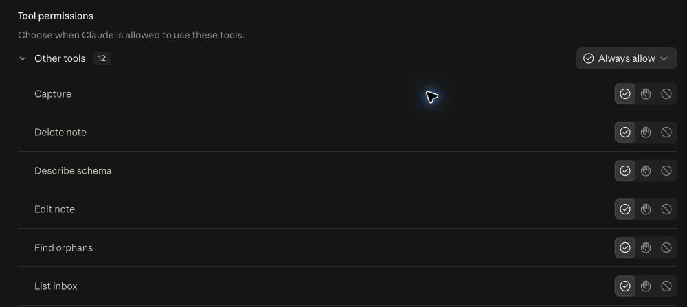 Claude tool permissions showing a group of 12 Vault Brain tools after connection