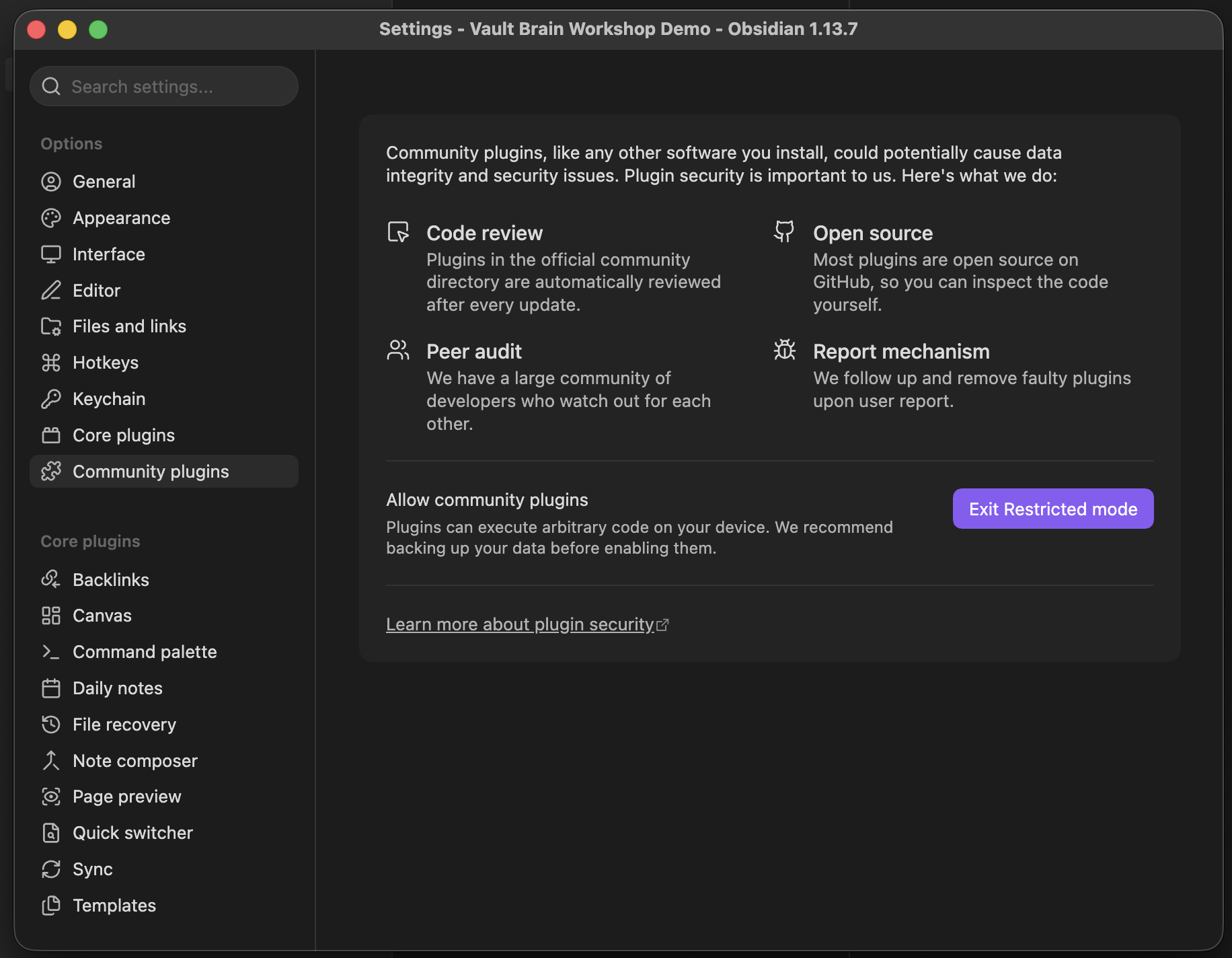 Obsidian settings with Community plugins selected and the Exit Restricted mode button visible