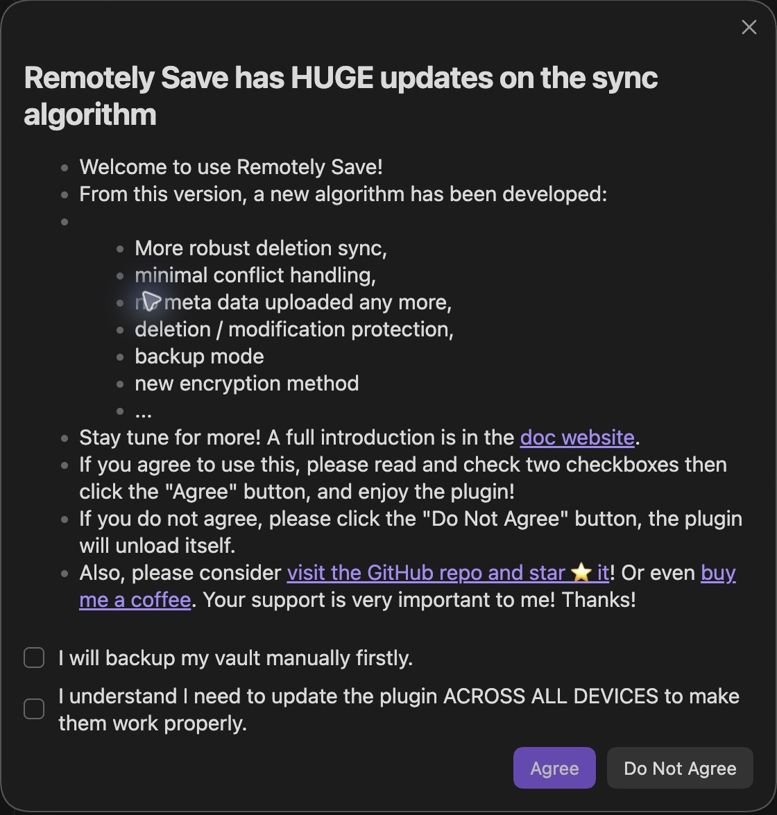 Real Remotely Save first-run dialog with backup and cross-device update acknowledgements before Agree