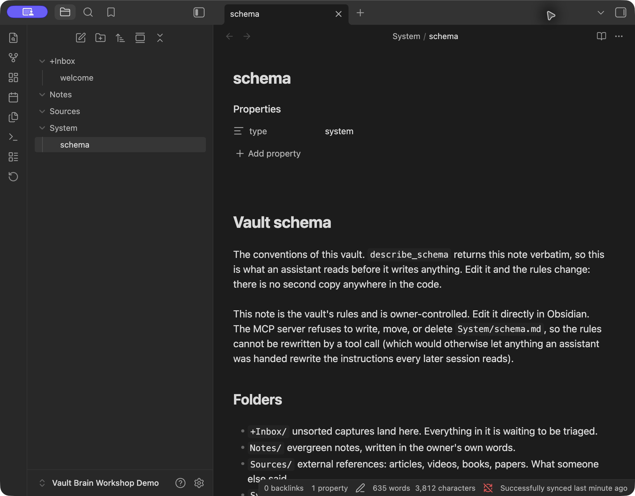 Real Obsidian demo vault after S3 sync, showing welcome and schema notes and a successful sync status