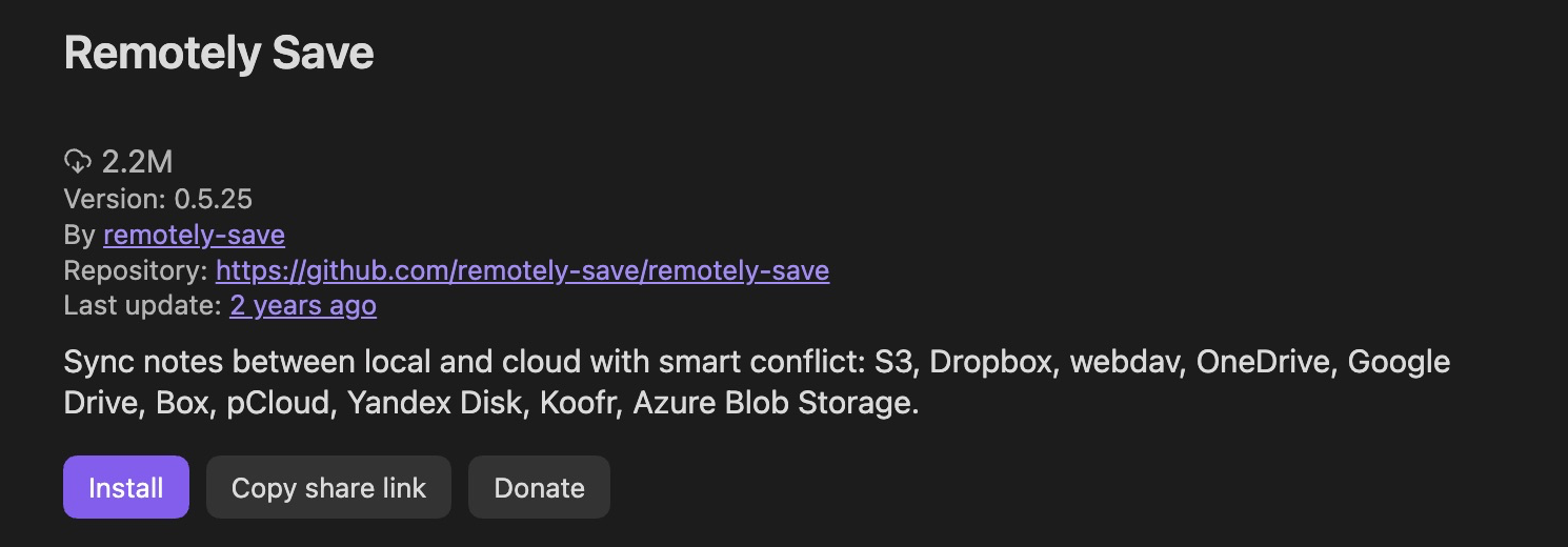 Obsidian Community plugins listing for Remotely Save 0.5.25 by remotely-save with Install button