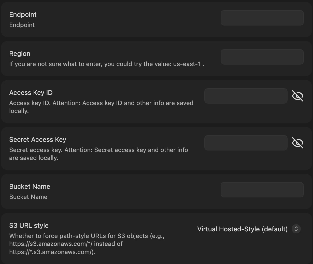Real Remotely Save S3 settings showing blank Endpoint, Region, Access Key ID, Secret Access Key, and Bucket Name fields